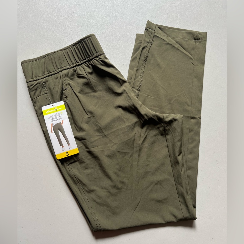 Eddie Bauer, travel pants in Forrest green.